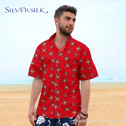 Print Men Blouse Short Red Flower Custom Shirt